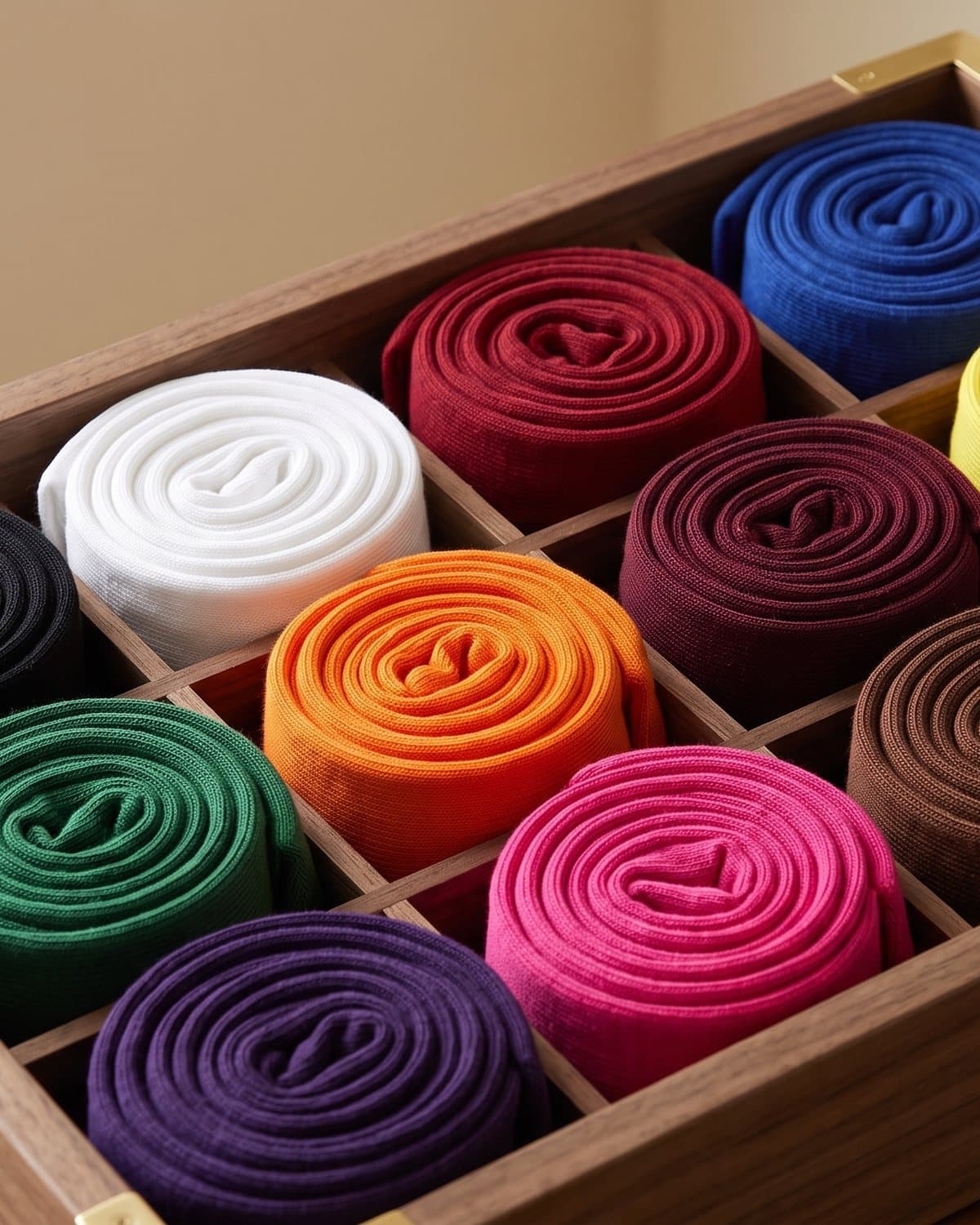 A walnut tray of Rambutan socks rolled in every colour